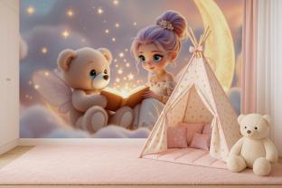 Little Fairy and Teddy Bear on the Golden Moon