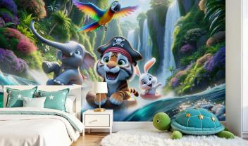 Waterfall in the Tropical Forest with Jungle Animals