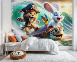 Lion and Bunny Surfing with Sea Turtle