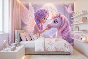 Fairy and Unicorn in the Forest in Lilac and Pink Tones